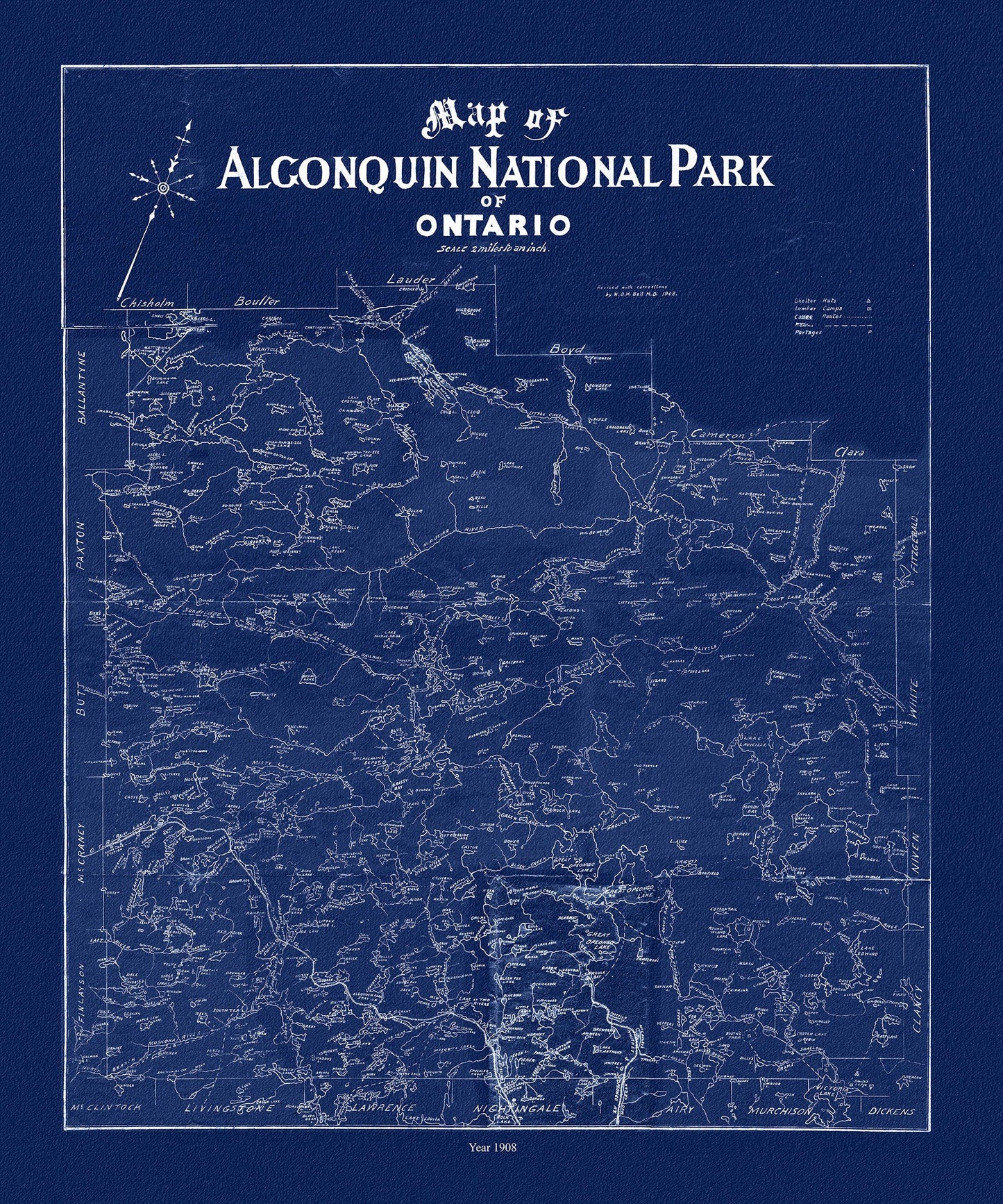 Historic Algonquin Park Map, Dr. Bell auth., 1908 Ver. Cyanotype , map on heavy cotton canvas, 45 x 65 cm, 18 x 24" approx. - The Map Chest