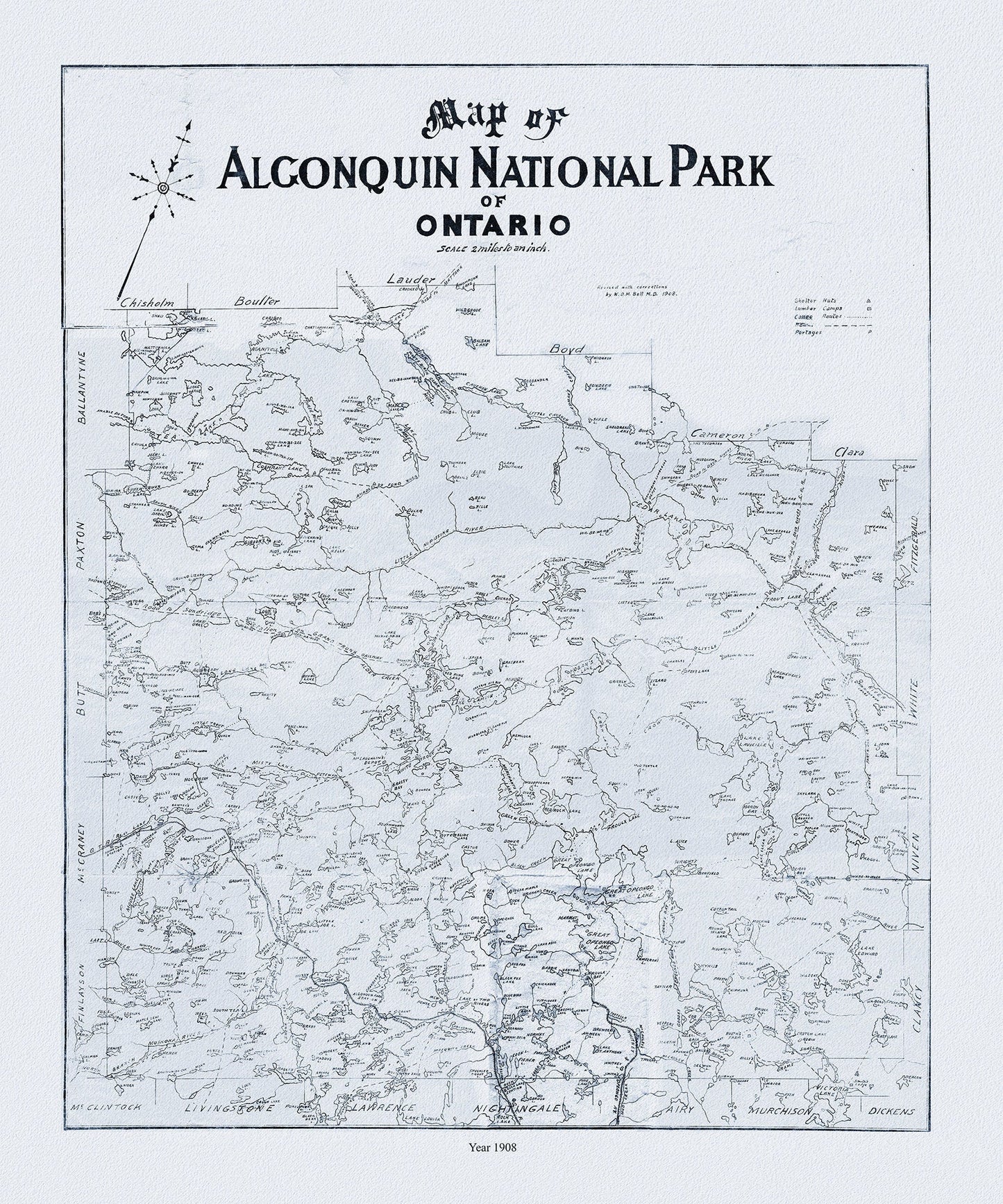 Historic Algonquin Park Map, Dr. Bell auth., 1908 Ver. II , map on heavy cotton canvas, 45 x 65 cm, 18 x 24" approx. - The Map Chest
