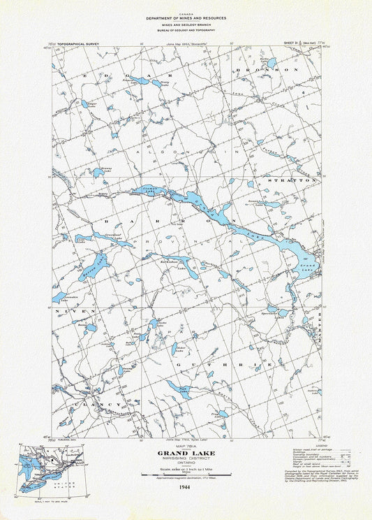 Historic Algonquin Park Map, Grand Lake, National Topographic Series, 1944, map on heavy cotton canvas, 20 x 25" approx. - The Map Chest