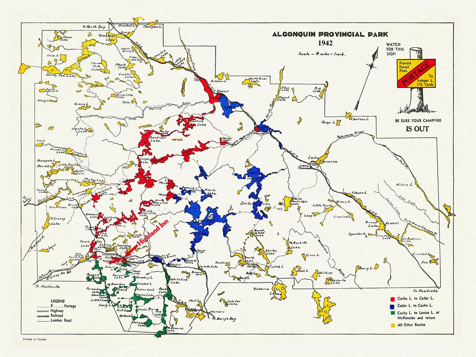 Historic Algonquin Park Map , Highland Inn, 1942, map on heavy cotton canvas, 20 x 25" approx. - The Map Chest