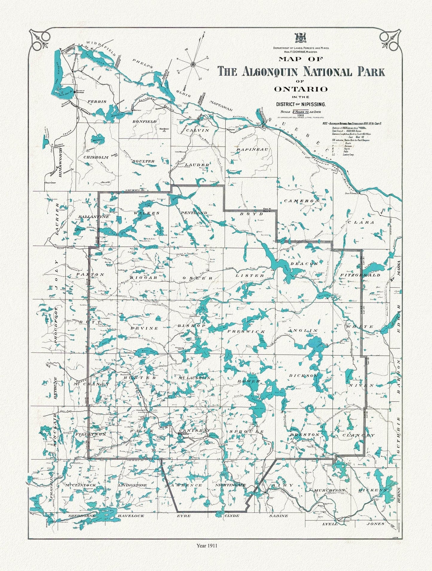 Historic Algonquin Park Map, Lands, Forests & Mines, 1911 , map on heavy cotton canvas, 20 x 25" approx. - The Map Chest