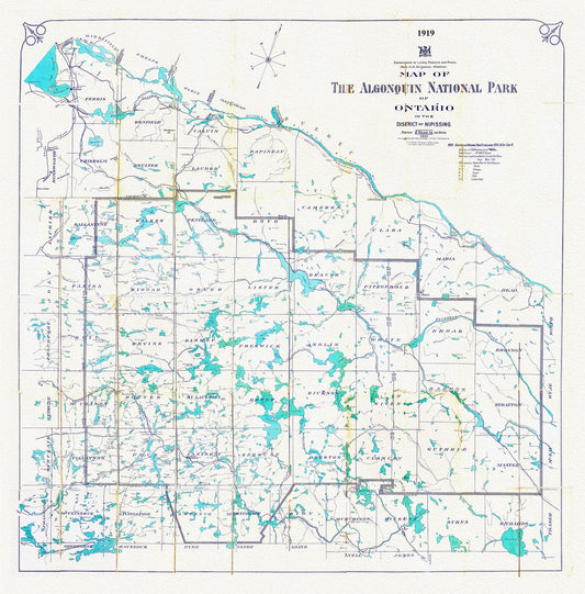 Historic Algonquin Park Map, Lands, Forests, Mines, 1919, map on heavy cotton canvas, 20 x 25" approx. - The Map Chest