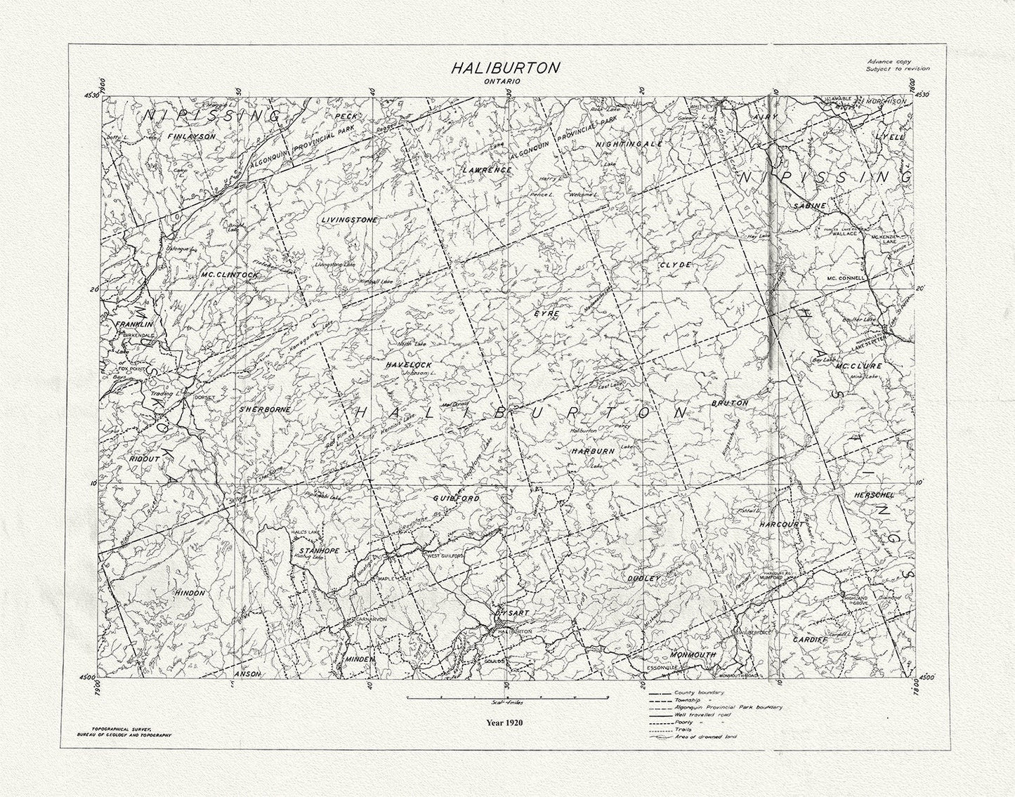Historic Algonquin Park Map, National Topographic Series, Haliburton County, 1920 - The Map Chest