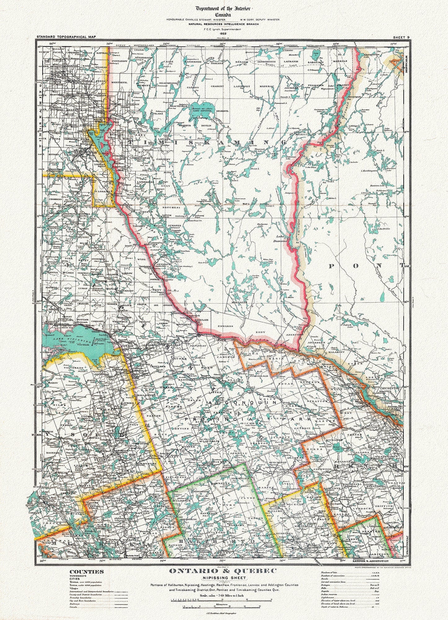 Historic Algonquin Park Map, Nipissing District, 1922, map on heavy cotton canvas, 20 x 30" or 50 x 75cm. approx. - The Map Chest