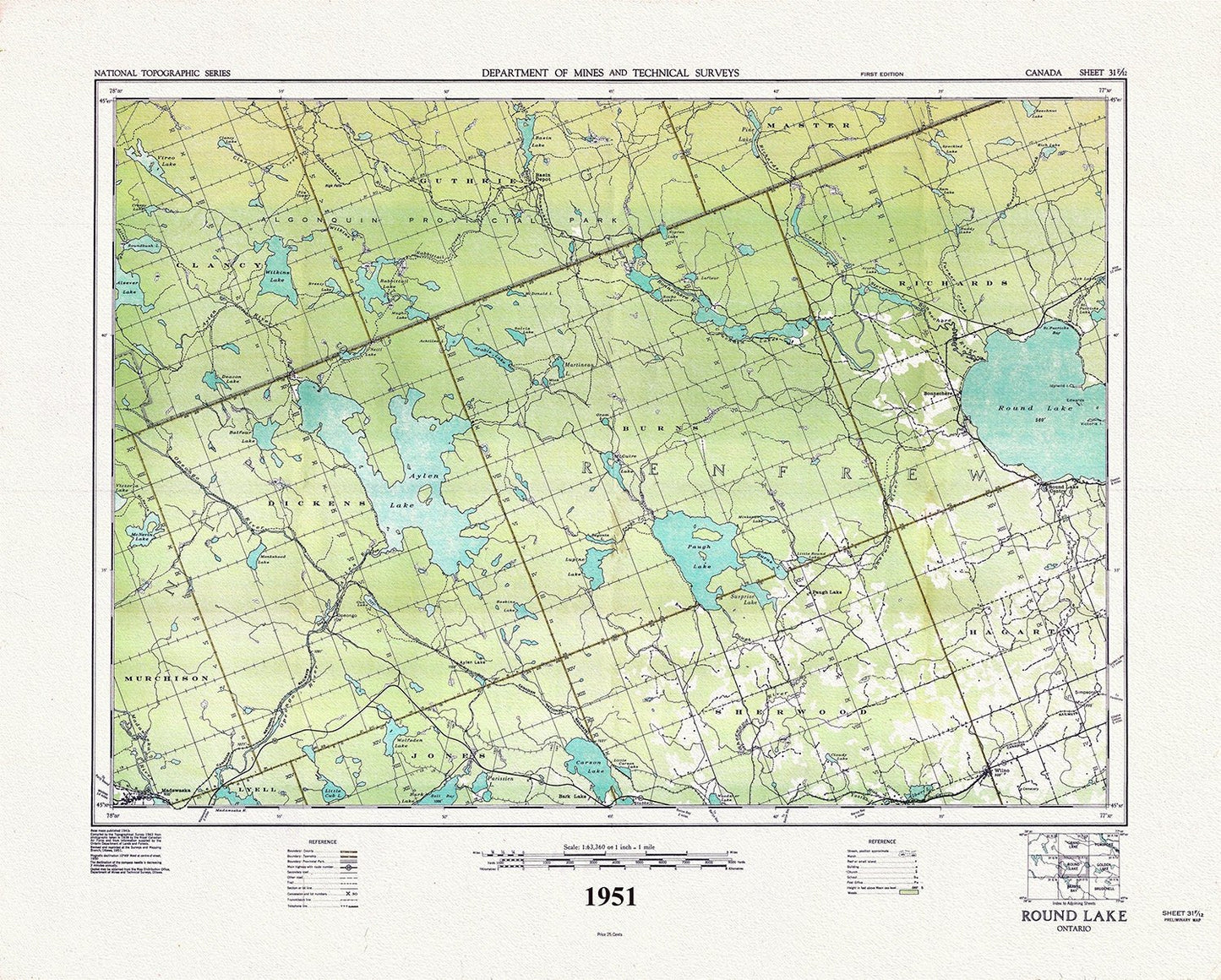 Historic Algonquin Park Map, Round Lake, National Topographic Series, 1951 , map on heavy cotton canvas, 45 x 65 cm, 18 x 24" approx. - The Map Chest