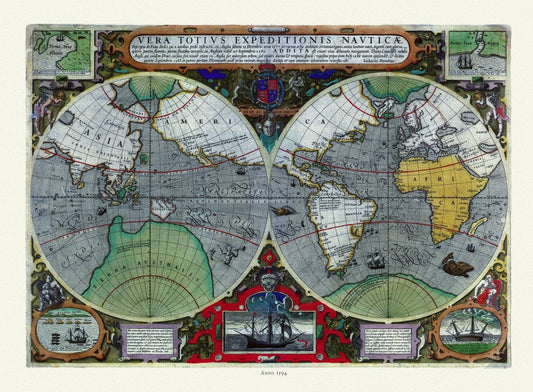 Hondius, Vera totius expeditionis nauticæ, descriptio D. Franc, 1595, Map on heavy cotton canvas, 22x27in. approx. - The Map Chest