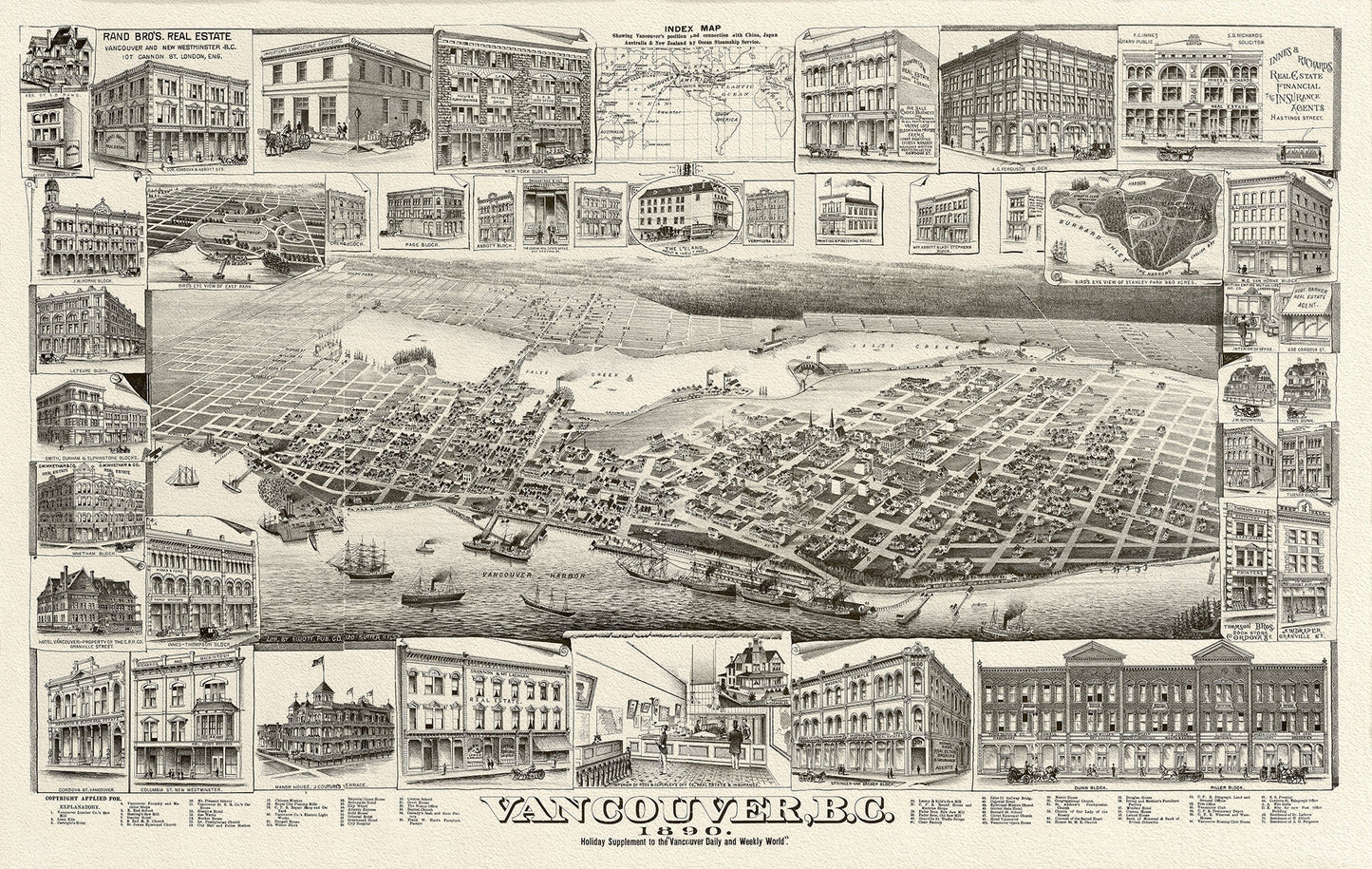 Birdseye View of Vancouver, British Columbia, 1890, on heavy canvas, 22x27"