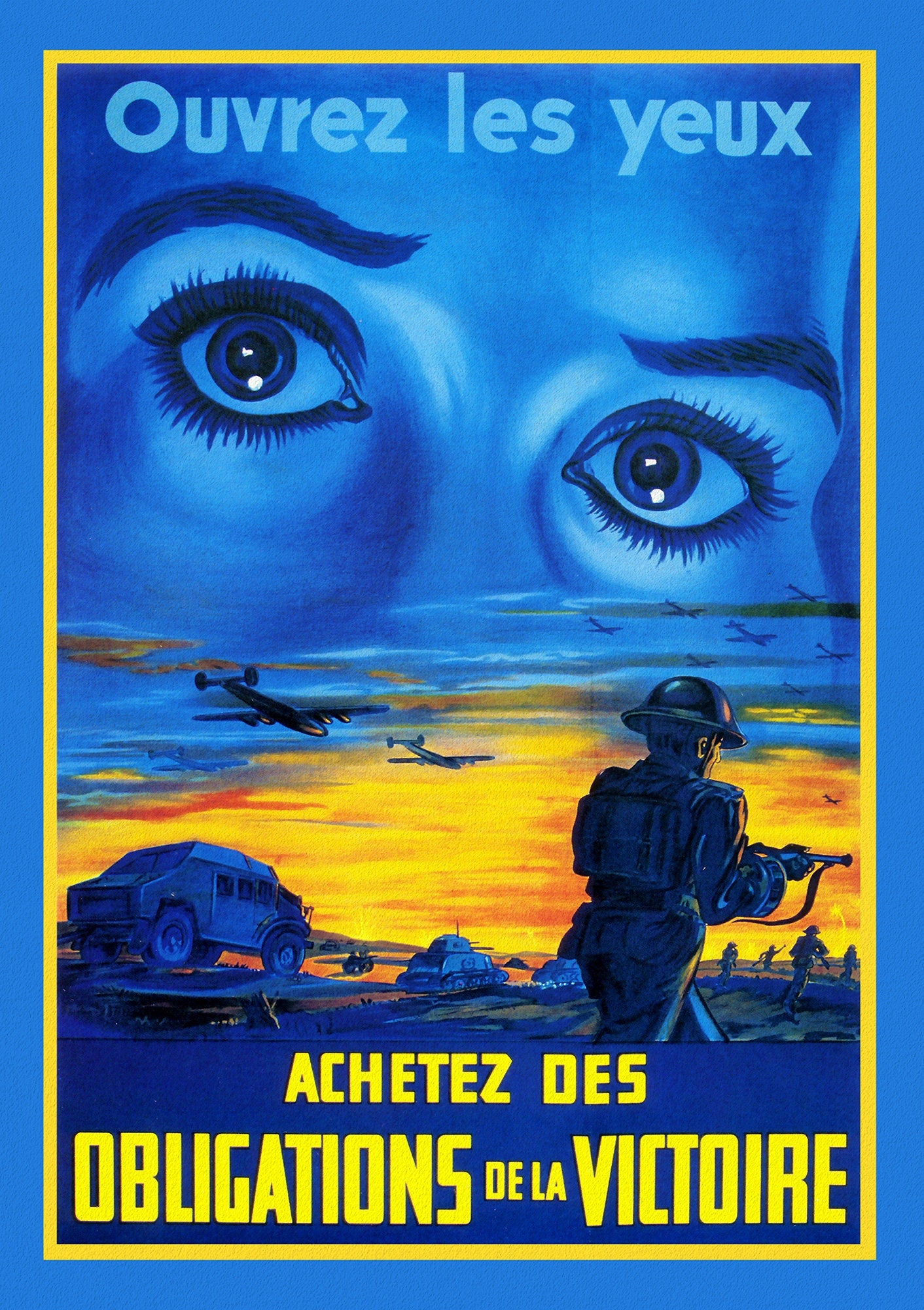 Canada WW I Poster, Open Your Eyes !, 1915,on heavy cotton canvas, 22x27" approx.