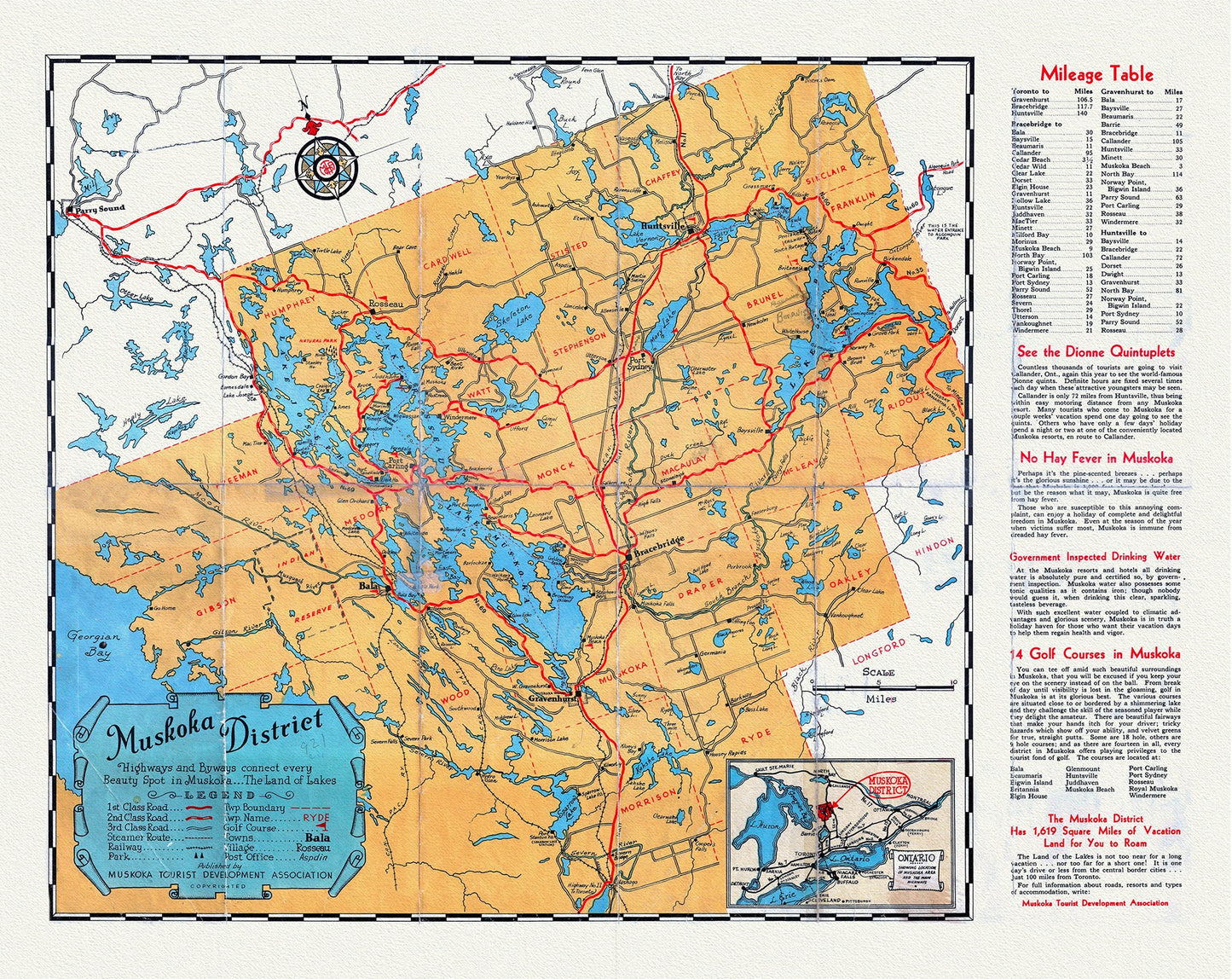 Road Map, Muskoka district, Ontario, 1936, on heavy cotton canvas, 22x27" approx.