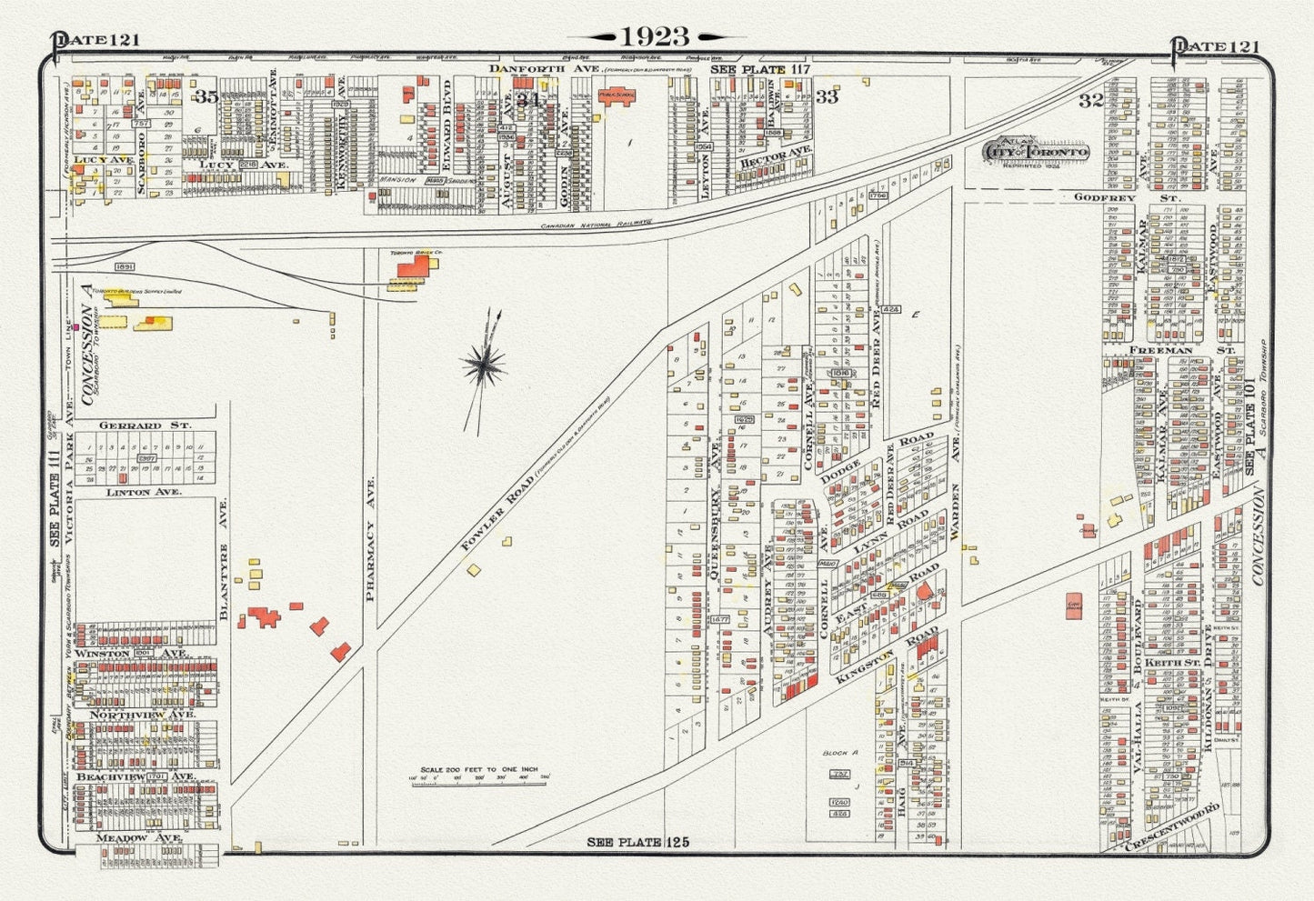 Plate 121, Toronto East, Scarborough, Kingston Road & Danforth, 1923, Map on heavy cotton canvas,18x27in. approx.