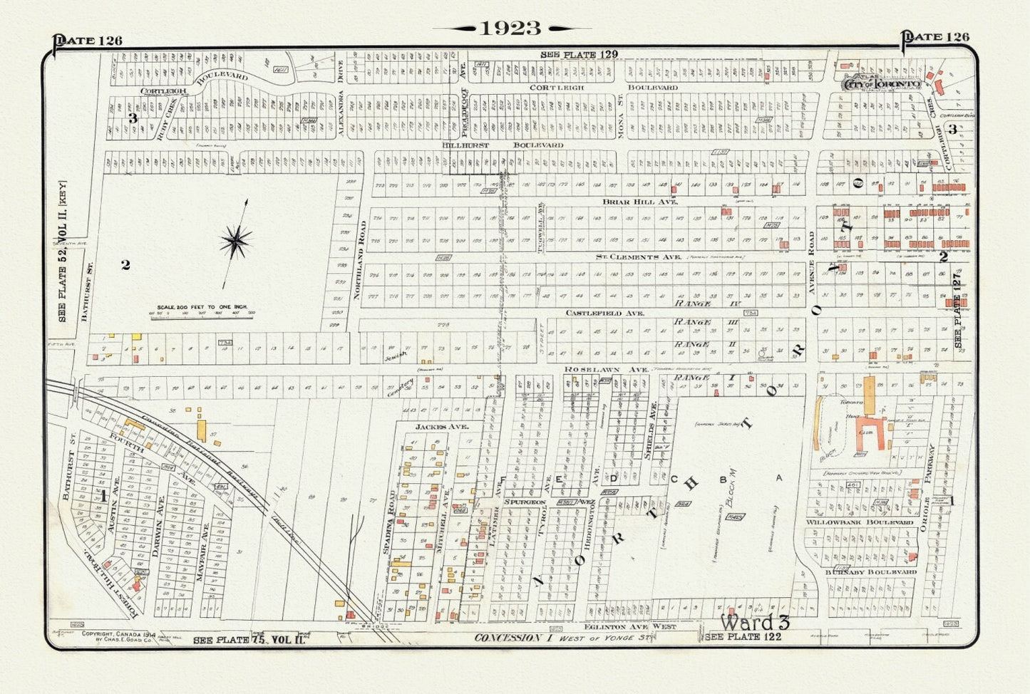 Plate 126, Toronto Uptown, Hunt Club, 1923, Map on heavy cotton canvas, 18x27in. approx.