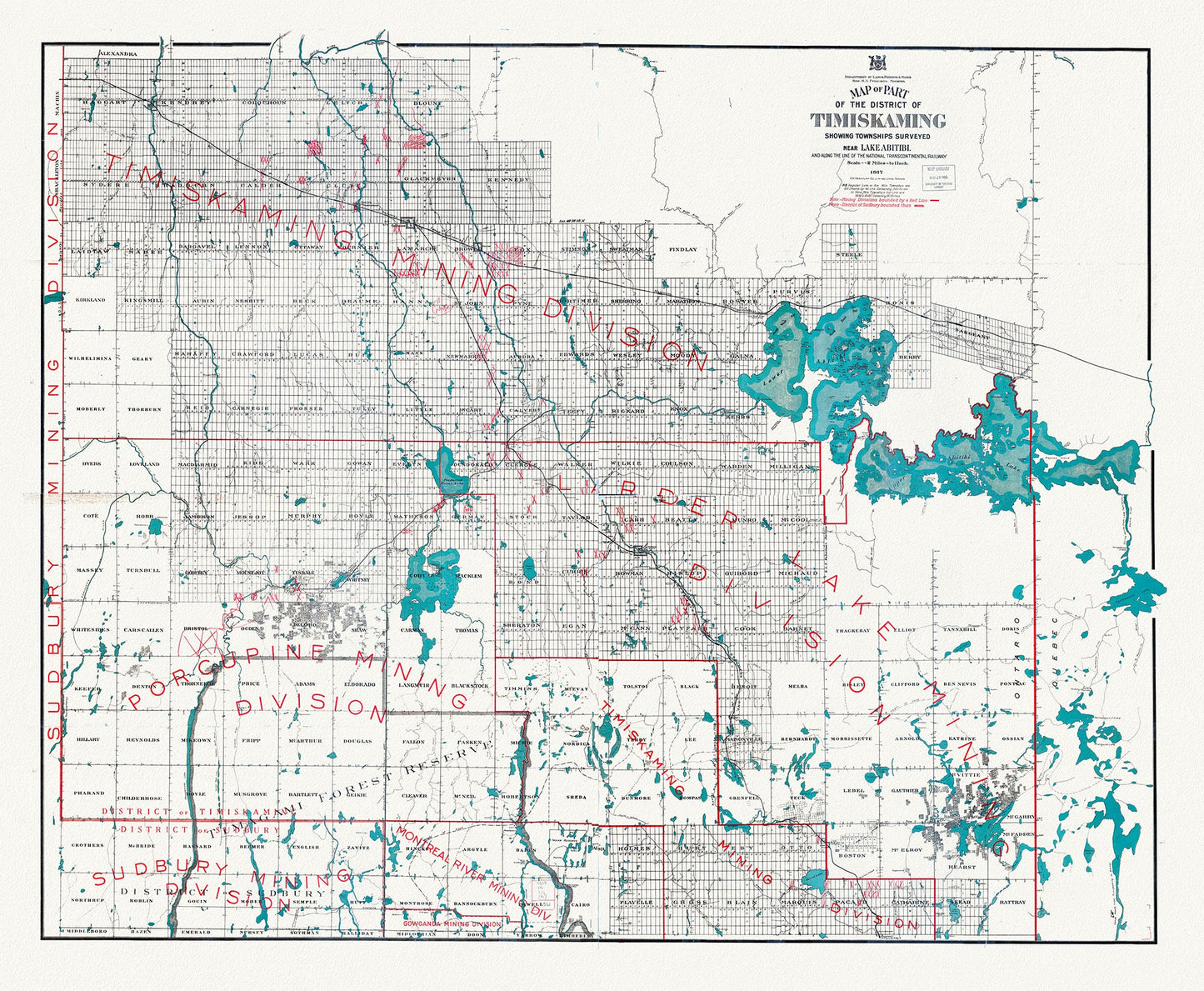 Map of part of the District of Timiskaming showing Lake Abitibi and along the line of the National Transcontinental Railway, 1917, 22x27"
