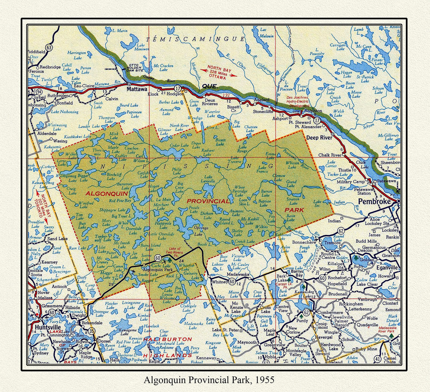 Algonquin Provincial Park, 1955 , map on heavy cotton canvas, 22x27" approx.