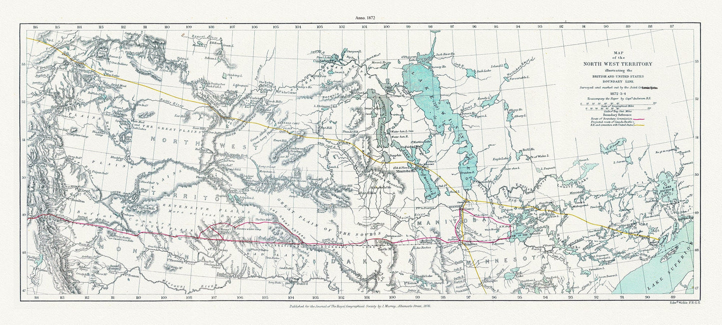 Map of the North West Territory illustrating the British and United States boundary line, , 1872-3-4, map on cotton canvas, 22x27" approx.