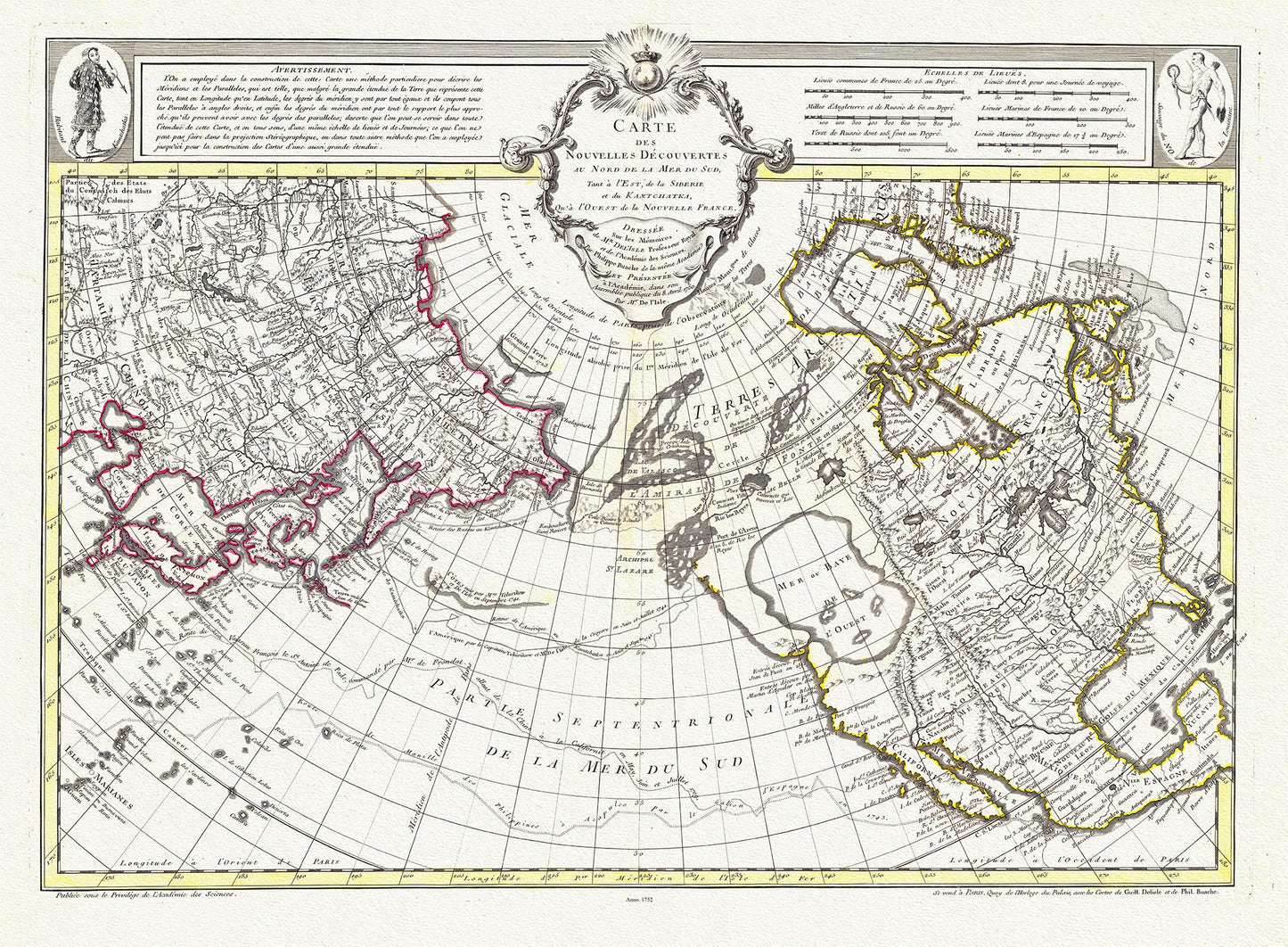 Buache et Delisle, Carte Des Nouvelles Decouvertes Au Nord de la Mer de Sud, 1752, map on heavy cotton canvas, 22x27" approx.