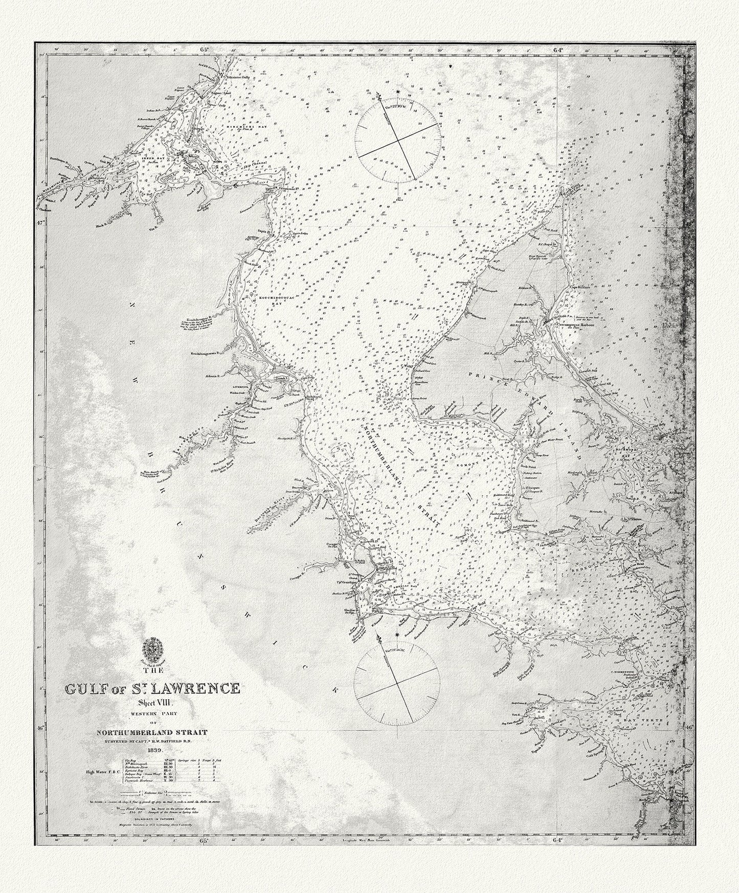 Nautical Chart, The Gulf of St. Lawrence, Western Part of Northumberland Strait, 1839, map on heavy cotton canvas, 20 x 25" approx.