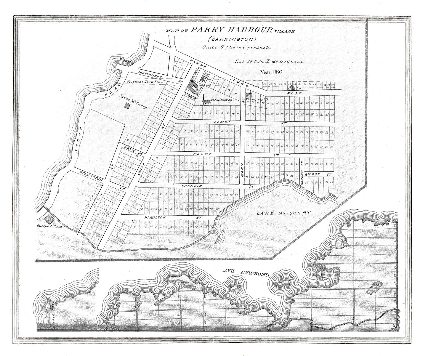 Muskoka-Haliburton, Parry Harbour Village, 1893, map on heavy cotton canvas, 20 x 25" approx.