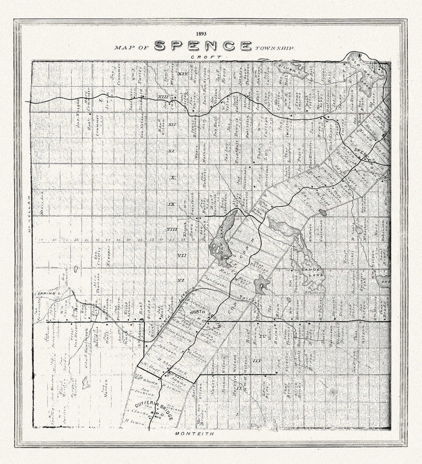 Muskoka-Haliburton, Spence Township, 1893, map on heavy cotton canvas, 20 x 25" approx.
