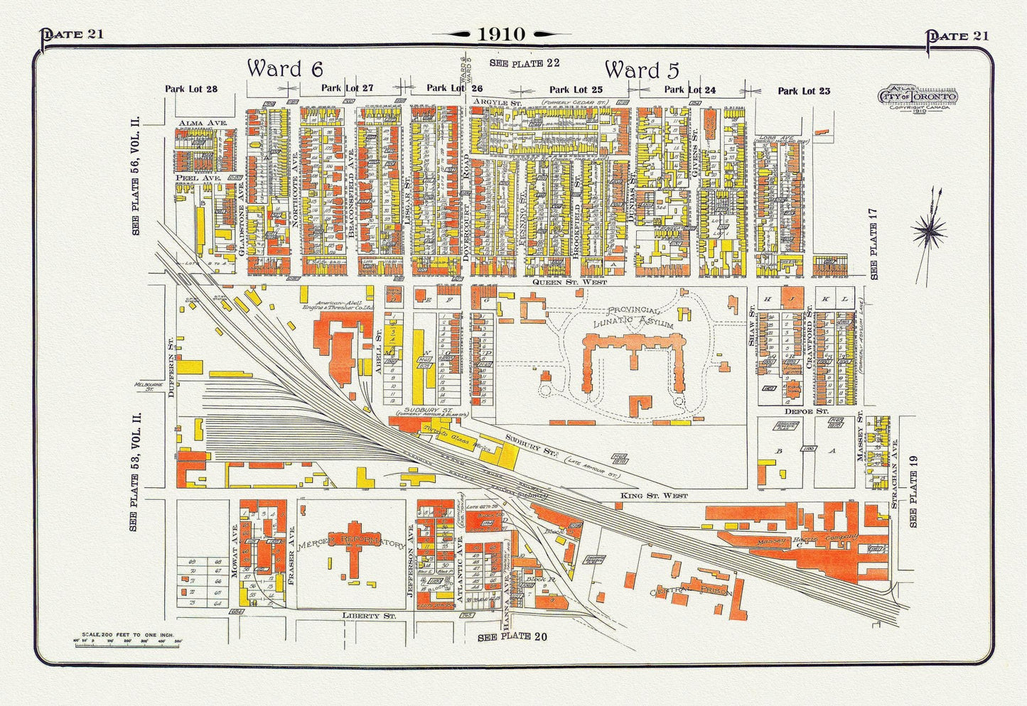 Plate 21, Toronto West, Parkdale & Liberty Village, Lunatic Asylum, 1910 , map on heavy cotton canvas, 20 x 30" approx.