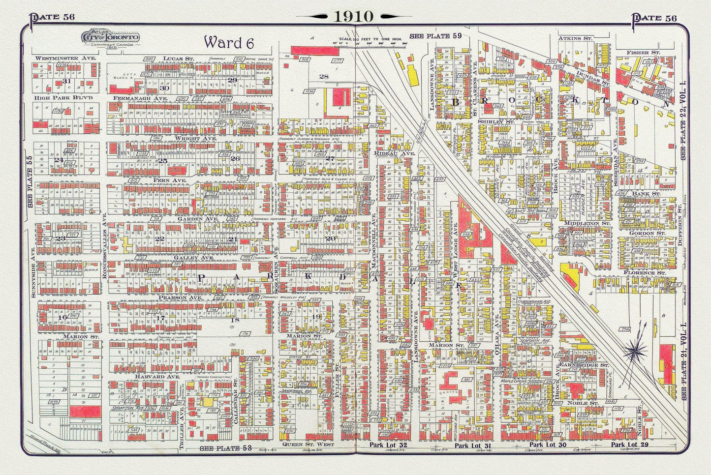Plate 56, Toronto West, High Park East, Parkdale & Brockton, 1910 , map on heavy cotton canvas, 20 x 30" approx.