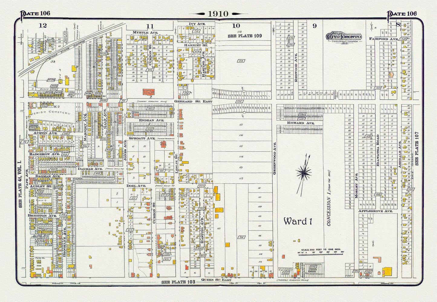 Plate 106, Toronto East, Leslieville and North, 1910 , map on heavy cotton canvas, 20 x 30" approx.