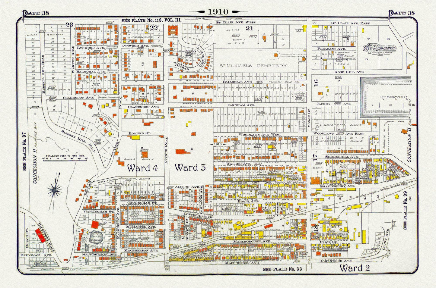 Plate 38, Toronto Uptown, Rosedale, Cottingham Ave. & Forest Hill South, 1910 , map on heavy cotton canvas, 20 x 30" approx.