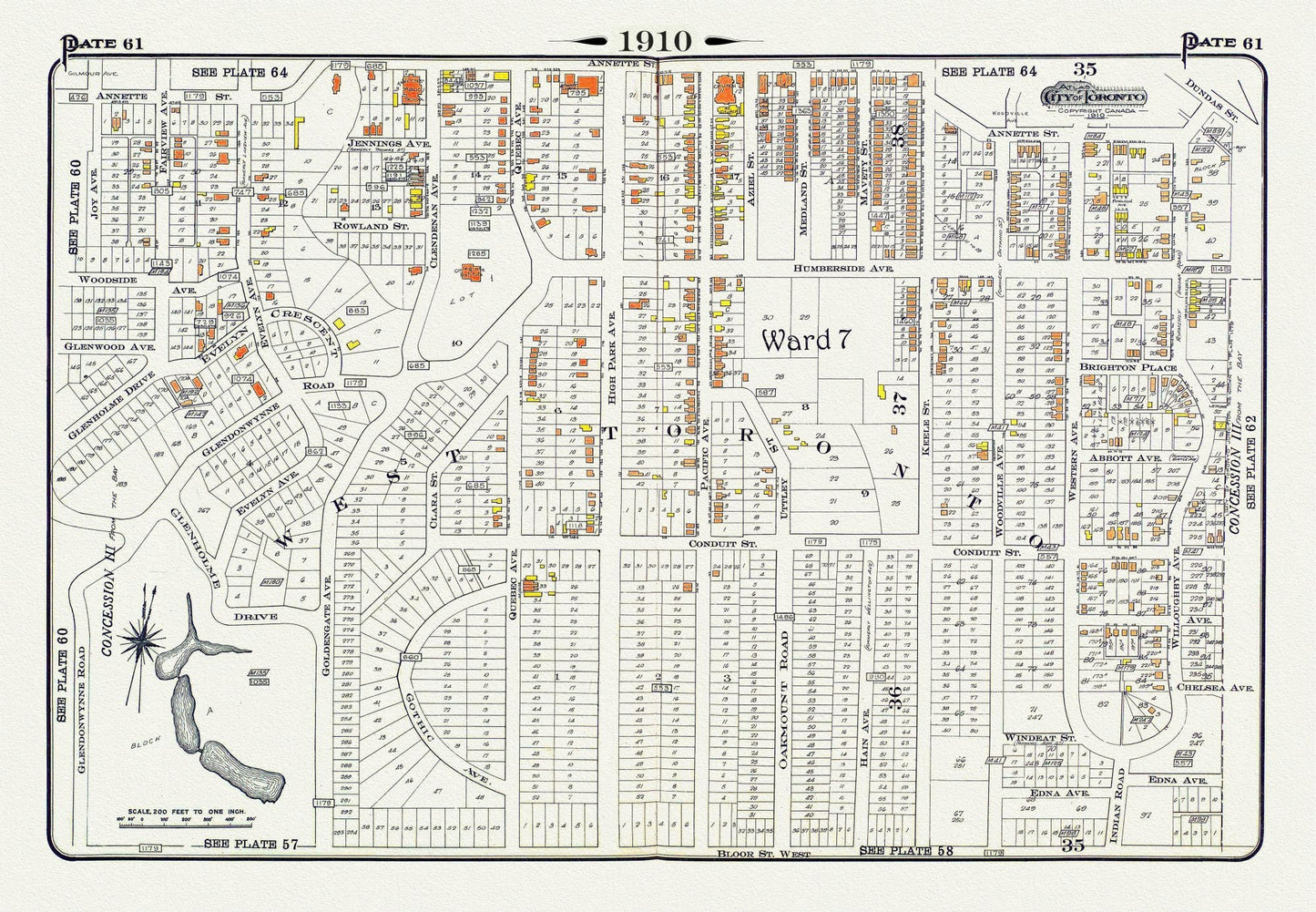 Plate 61, Toronto West, High Park North, 1910 , map on heavy cotton canvas, 20 x 30" approx.