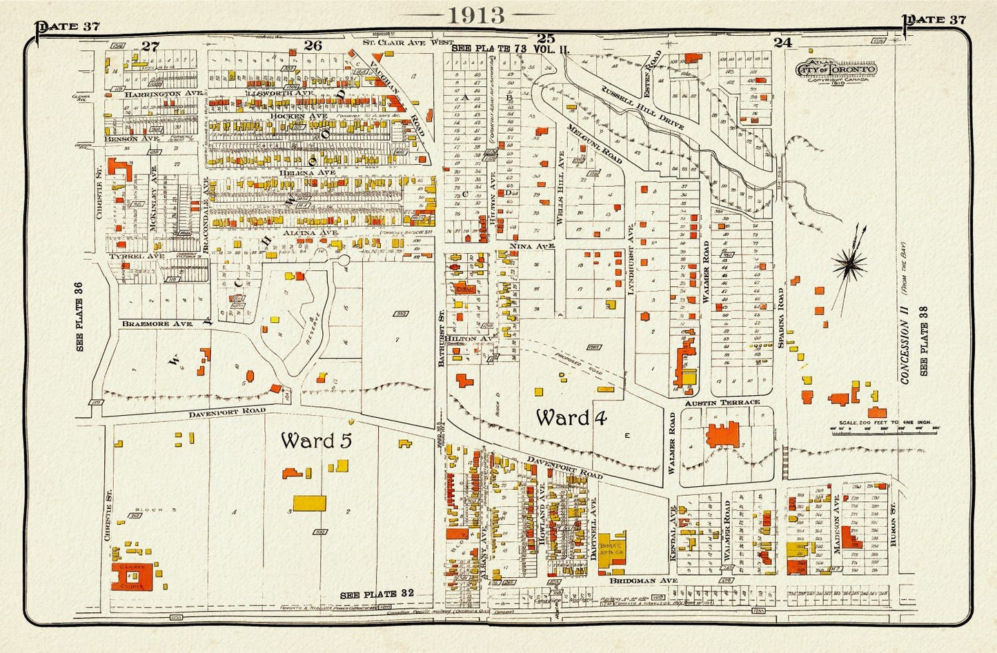 Plate 37 Toronto West, Casa Loma, 1913, map on heavy cotton canvas, 20 x 30" approx.