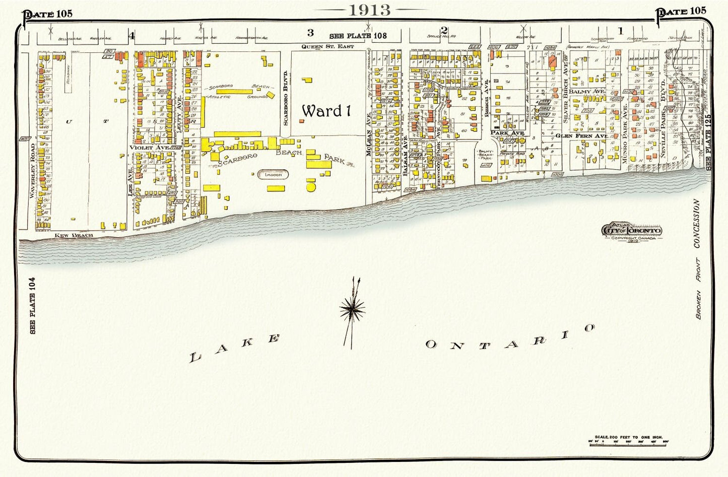 Plate 105, Toronto East, The Beach, Scarboro Beach, 1913, map on heavy cotton canvas, 20 x 30" or 50 x 75cm. approx.