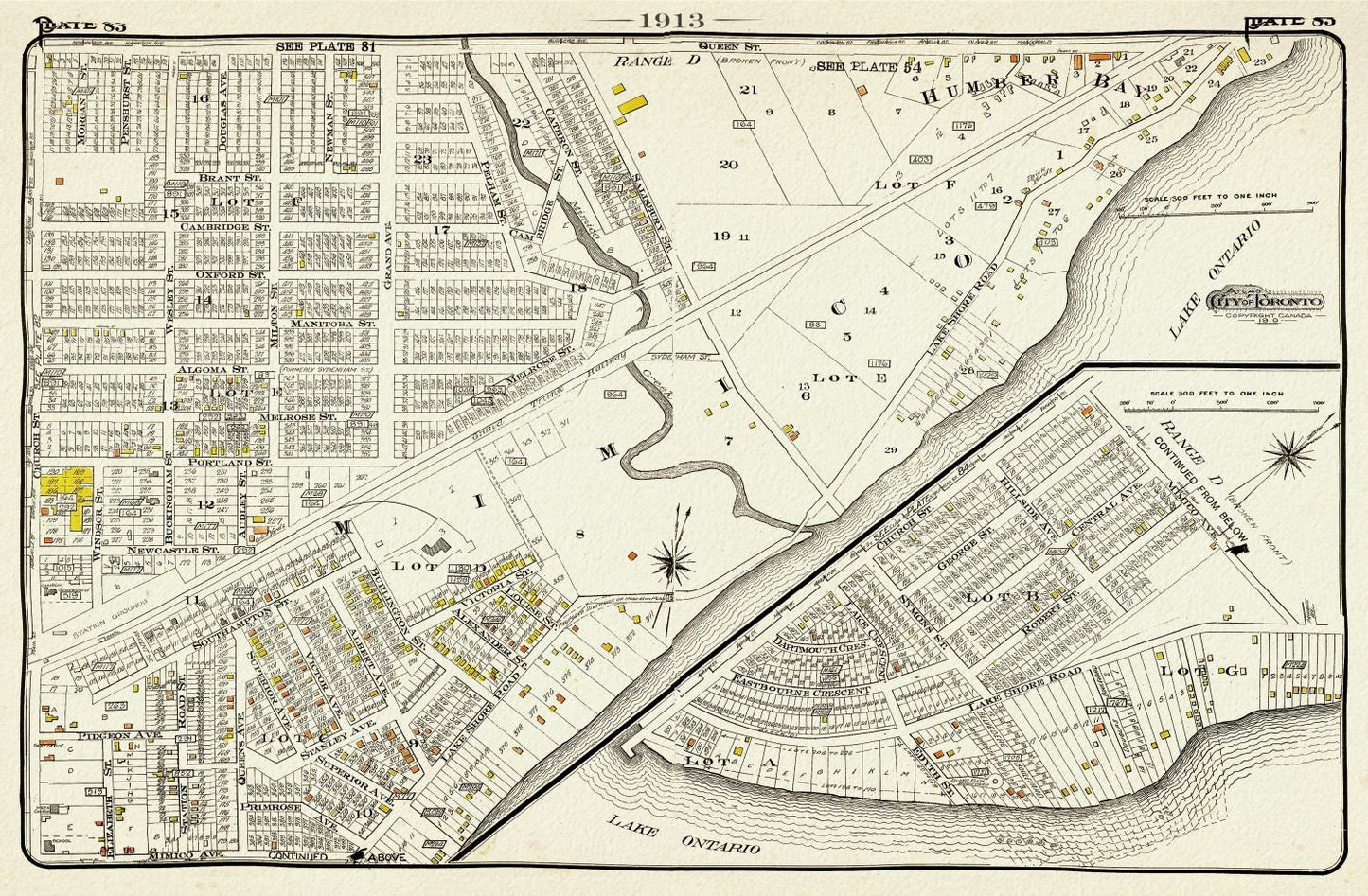 Plate 83, Toronto West, South Etobicoke South, Mimico, 1913, map on heavy cotton canvas, 20 x 30" or 50 x 75cm. approx.