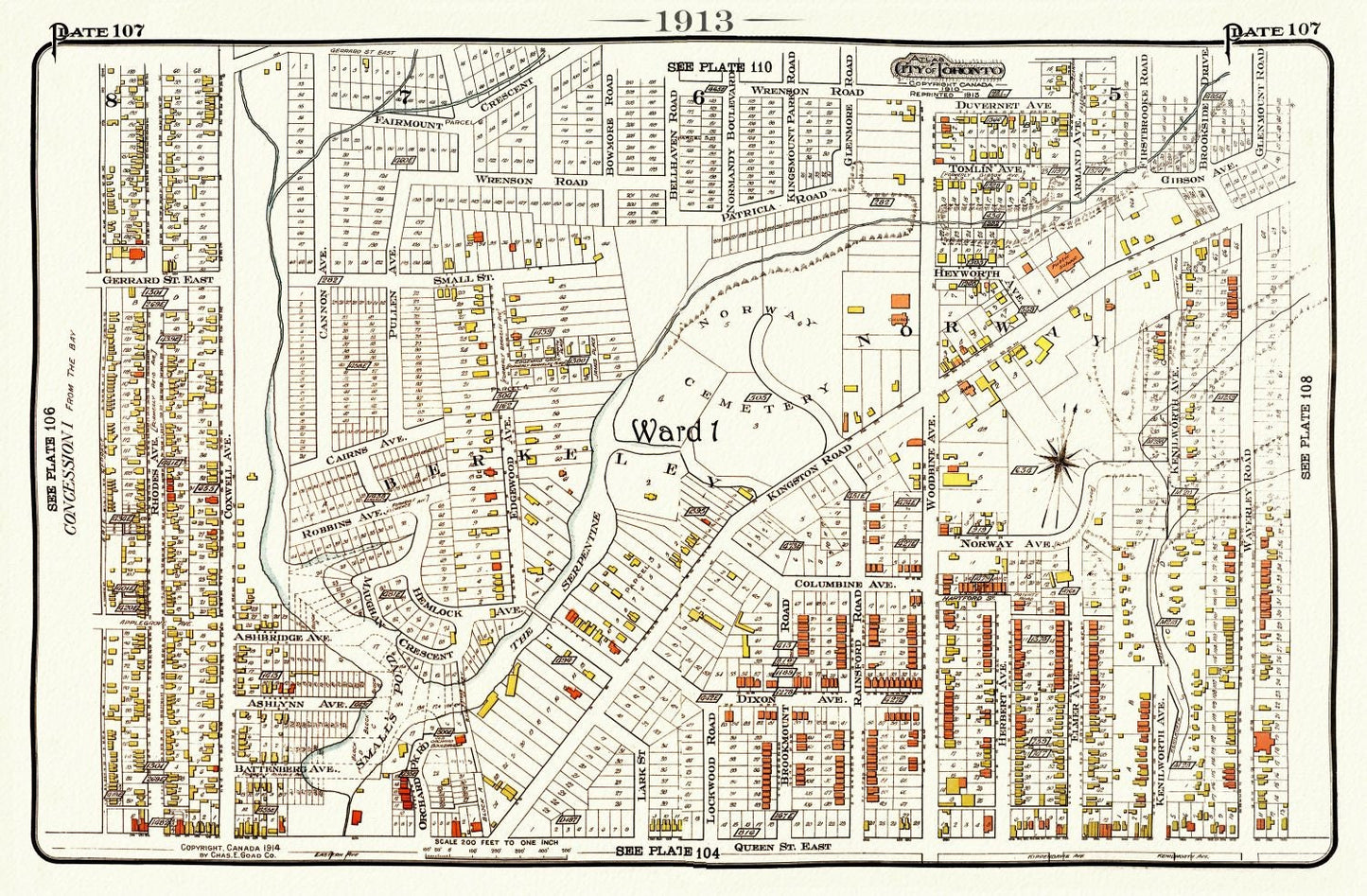Plate 107, Toronto East, The Beach, Norway, Berkeley, 1913, map on heavy cotton canvas, 20 x 30" or 50 x 75cm. approx.