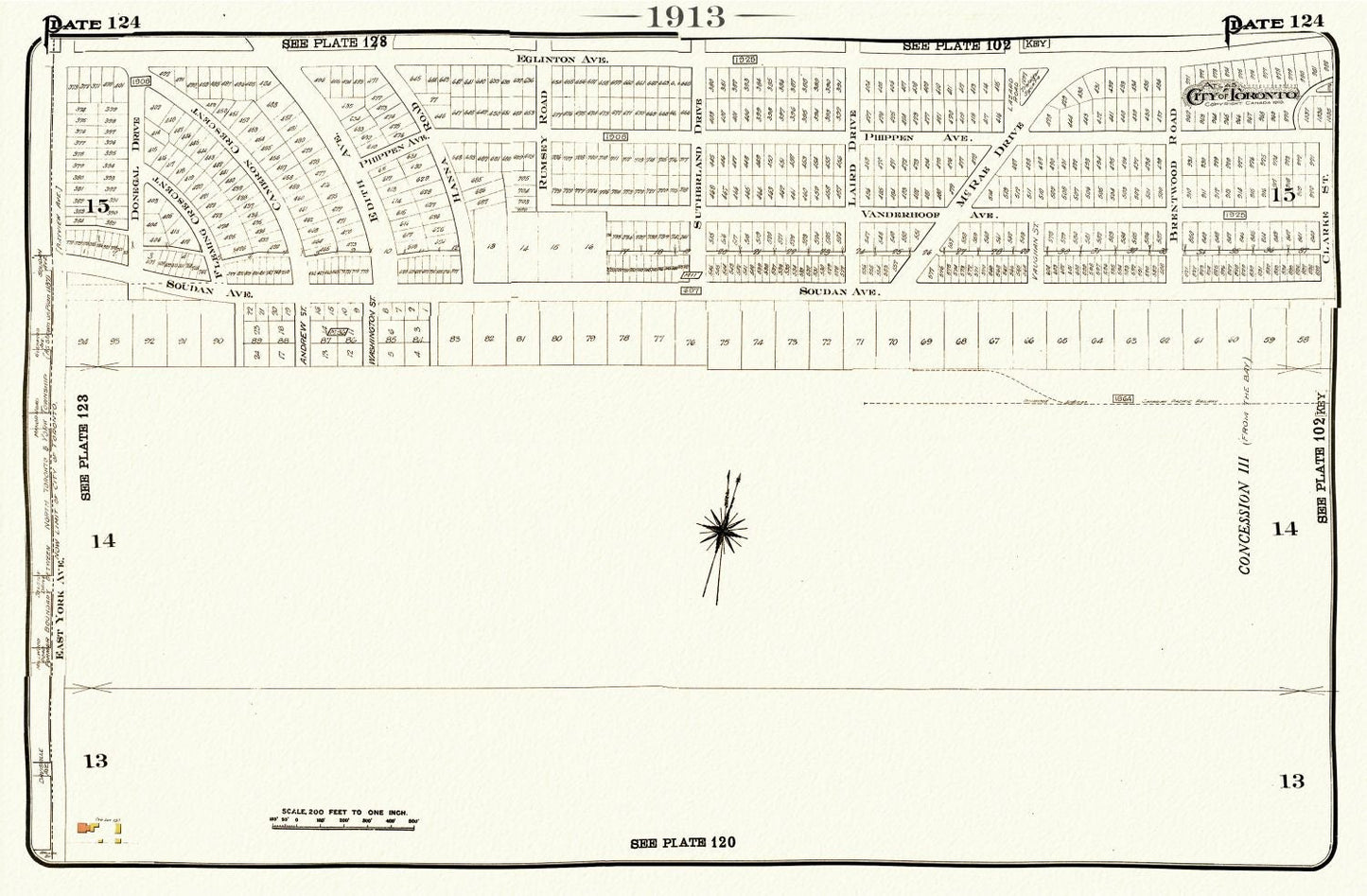 Plate 124, Toronto Uptown East, Leaside, 1913, map on heavy cotton canvas, 20 x 30" or 50 x 75cm. approx.