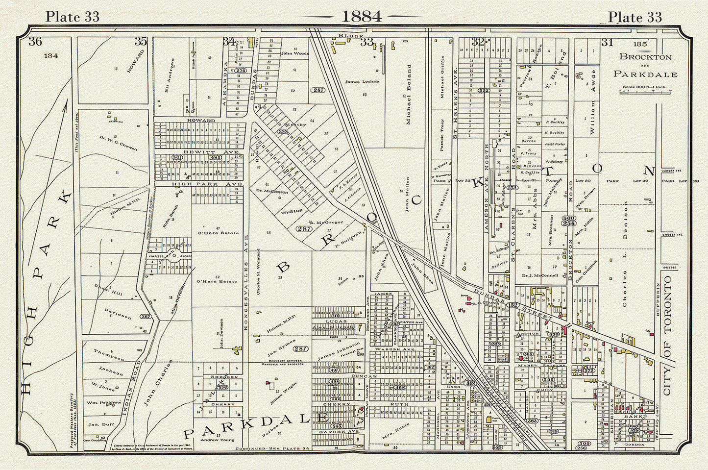 Plate 33, Toronto West, High Park to Brockton, Roncesvalles, 1884, map on heavy cotton canvas, 20 x 30" approx.