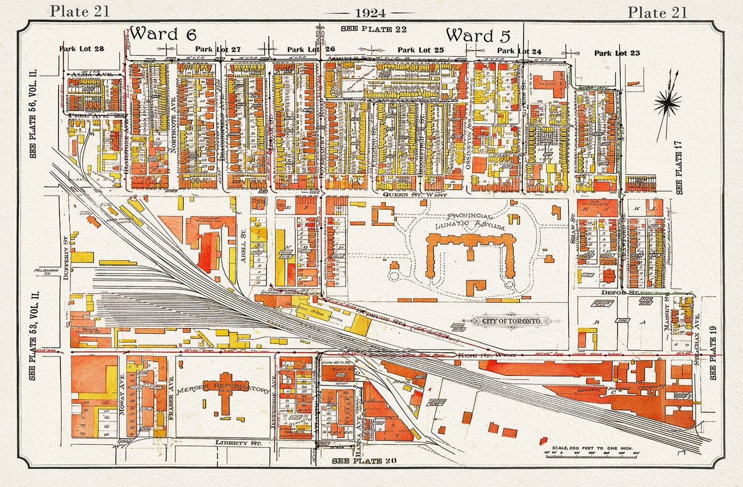 Plate 21, Toronto West, Parkdale, Gladstone Hotel, Asylum, 1924, map on heavy cotton canvas, 20 x 30" or 50 x 75cm. approx.