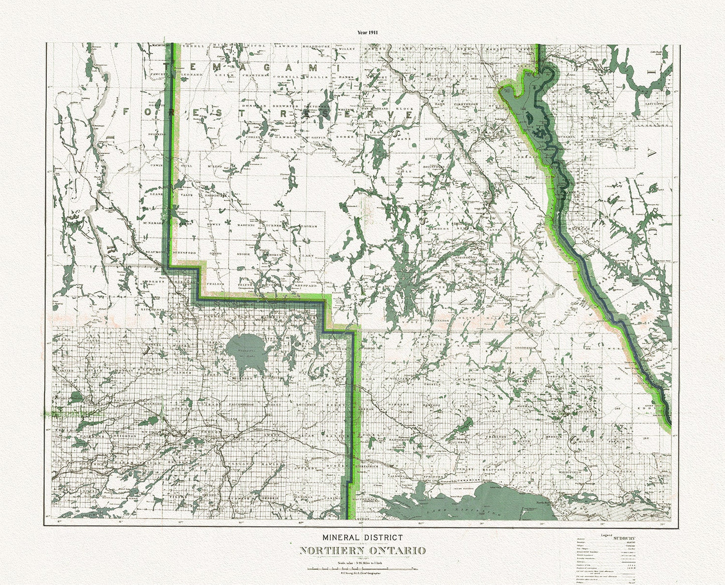 Mineral district, Northern Ontario, South Sheet, 1911, map on heavy cotton canvas, 50 x 70cm, 20 x 25" approx.