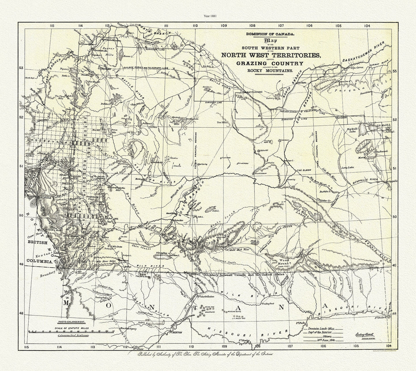 Map of South Western Part of the North West Territories shewing grazing country adjacent to the Rocky Mountains,1881, canvas, 20 x 25"