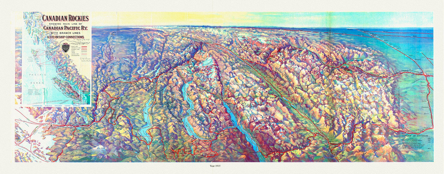 Canadian Rockies showing main line of Canadian Pacific Ry. with branch lines & steamship connections, 1915, map on canvas, 20 x 25" approx.