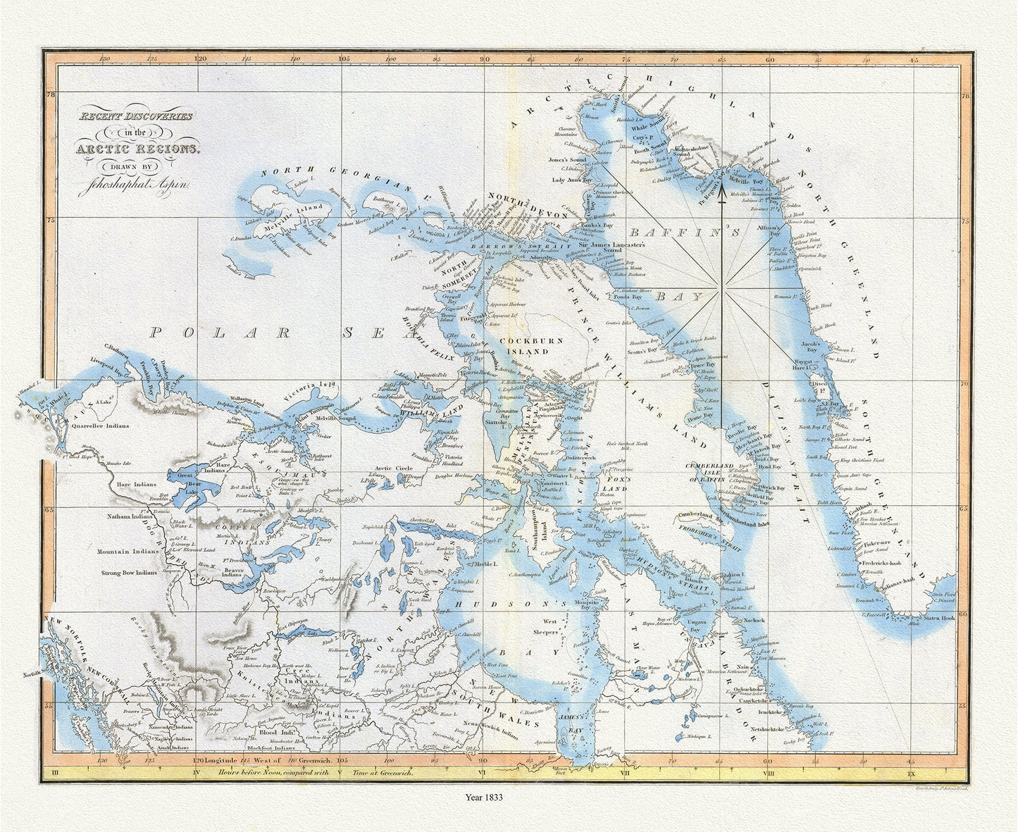Recent discoveries in the Arctic Regions, 1833, Aspen auth. , map on durable cotton canvas, 50 x 70 cm, 20 x 25" approx.
