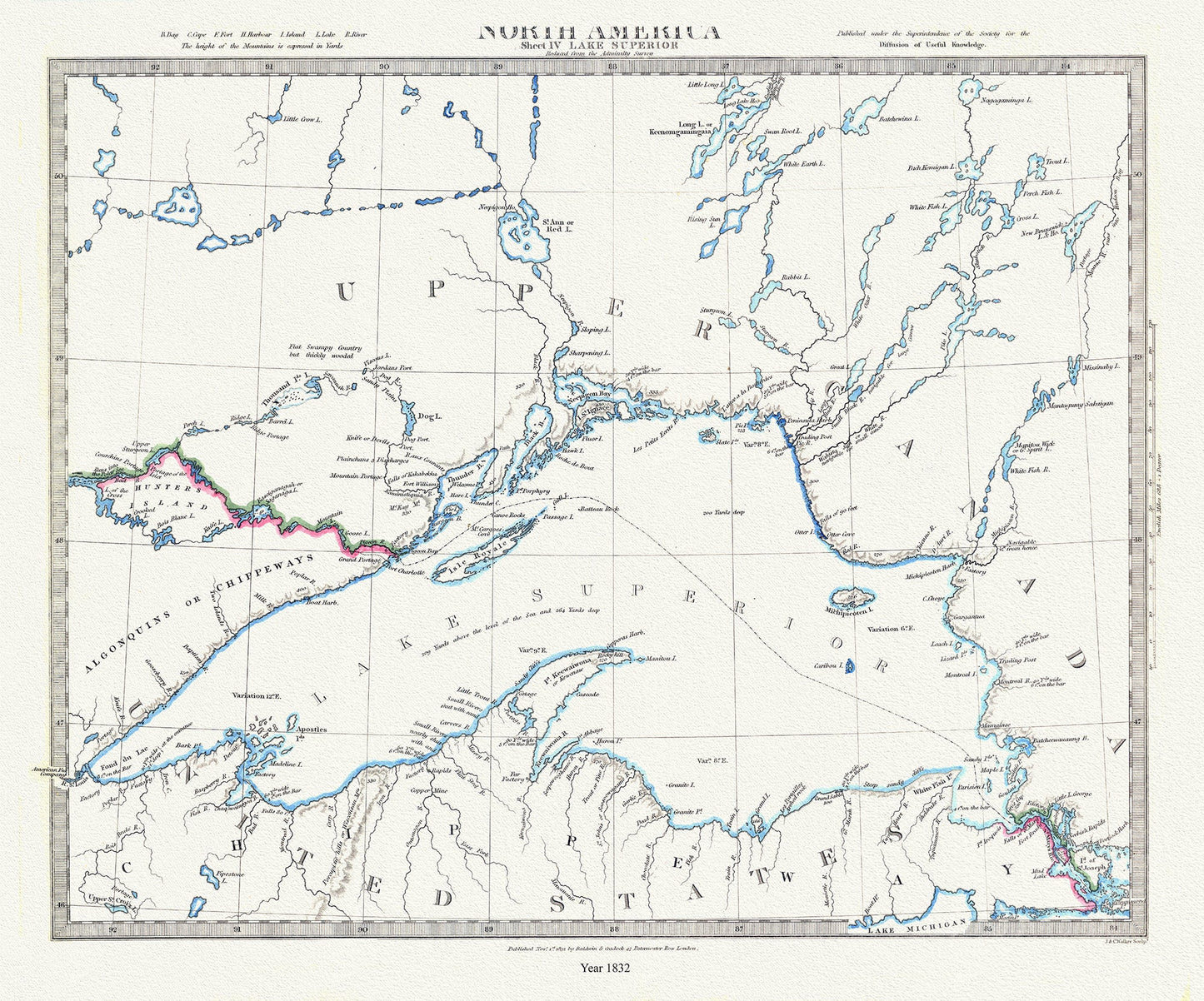 Lake Superior, reduced from the Admiralty Survey, 1832 , map on durable cotton canvas, 50 x 70 cm, 20 x 25" approx.