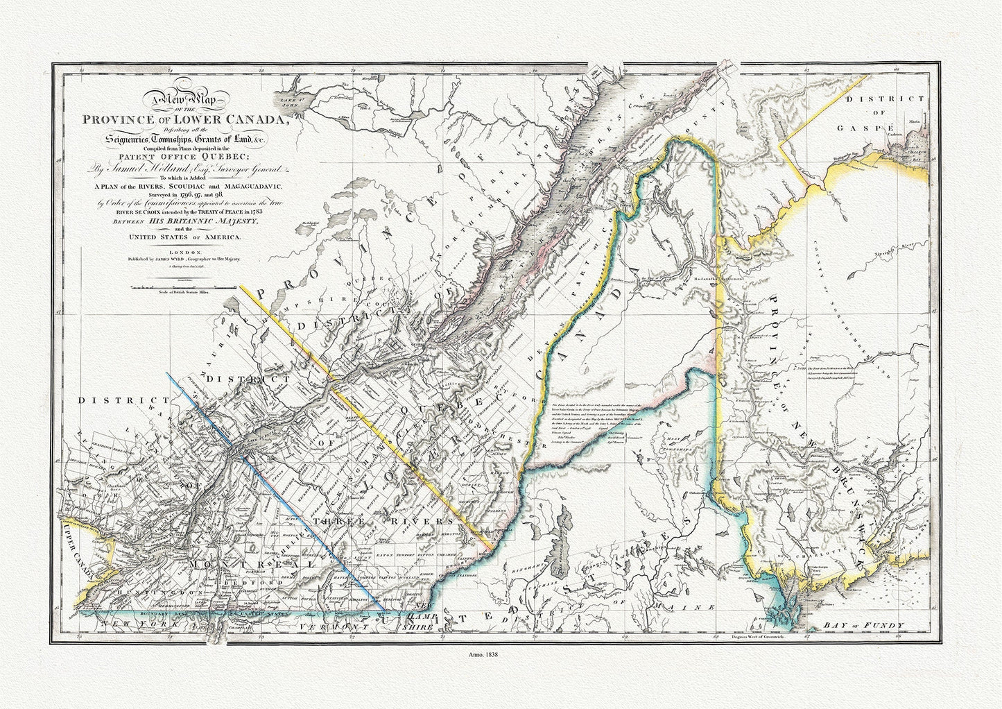 Province Of Lower Canada, 1838 , map on durable cotton canvas, 50 x 70 cm, 20 x 25" approx.