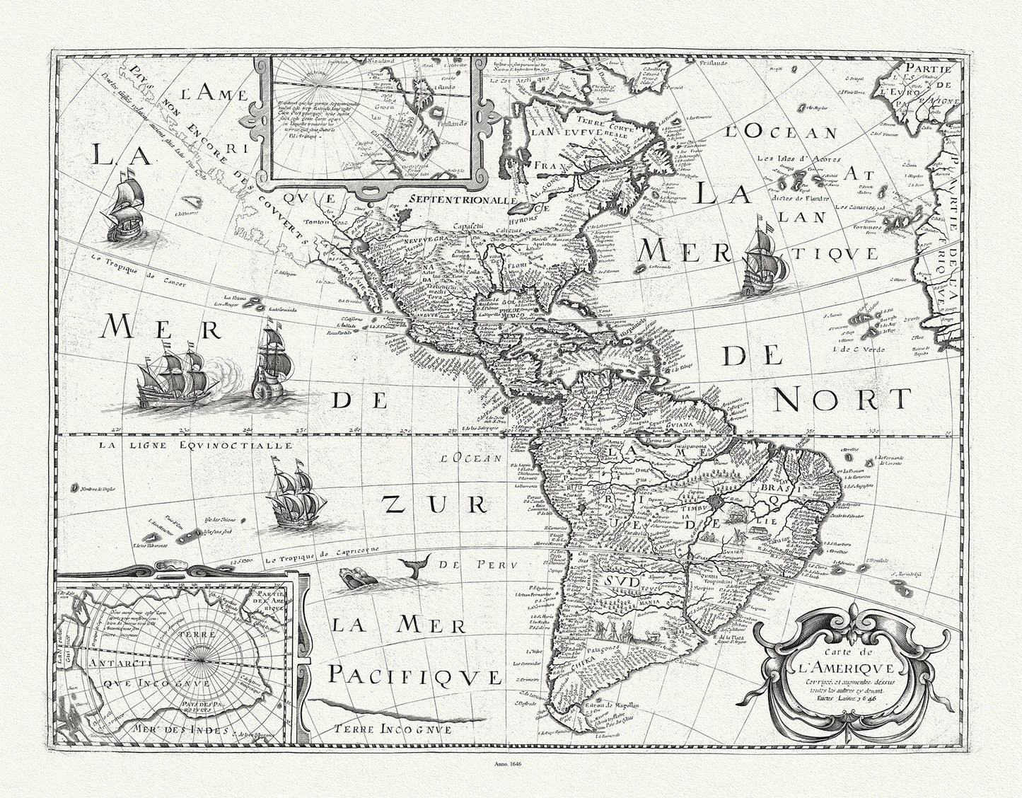 Mariette, Carte de l'Amerique, 1646, map on durable cotton canvas, 50 x 70 cm, 20 x 25" approx.