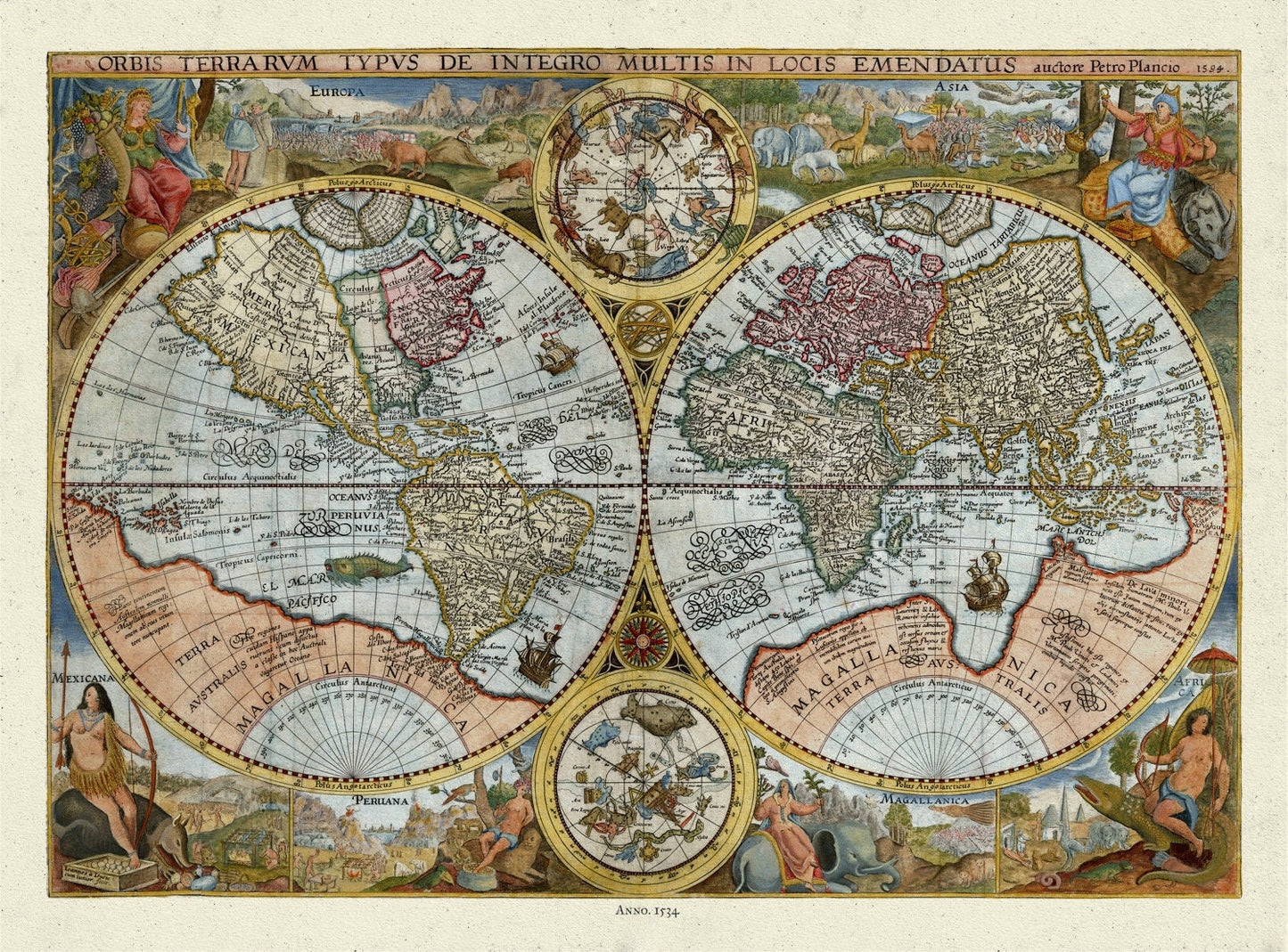 Plancio Pietro, Orbis Terrarum, 1534 Ver. D, Map on heavy cotton canvas, 22x27in. approx.