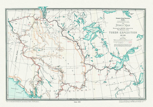 Index Map Shewing the Routes Followed by the Members of the Yukon Expedition, 1887 - 1888,(1891), map on canvas, 50 x 70 cm, 20 x 25" approx. - The Map Chest