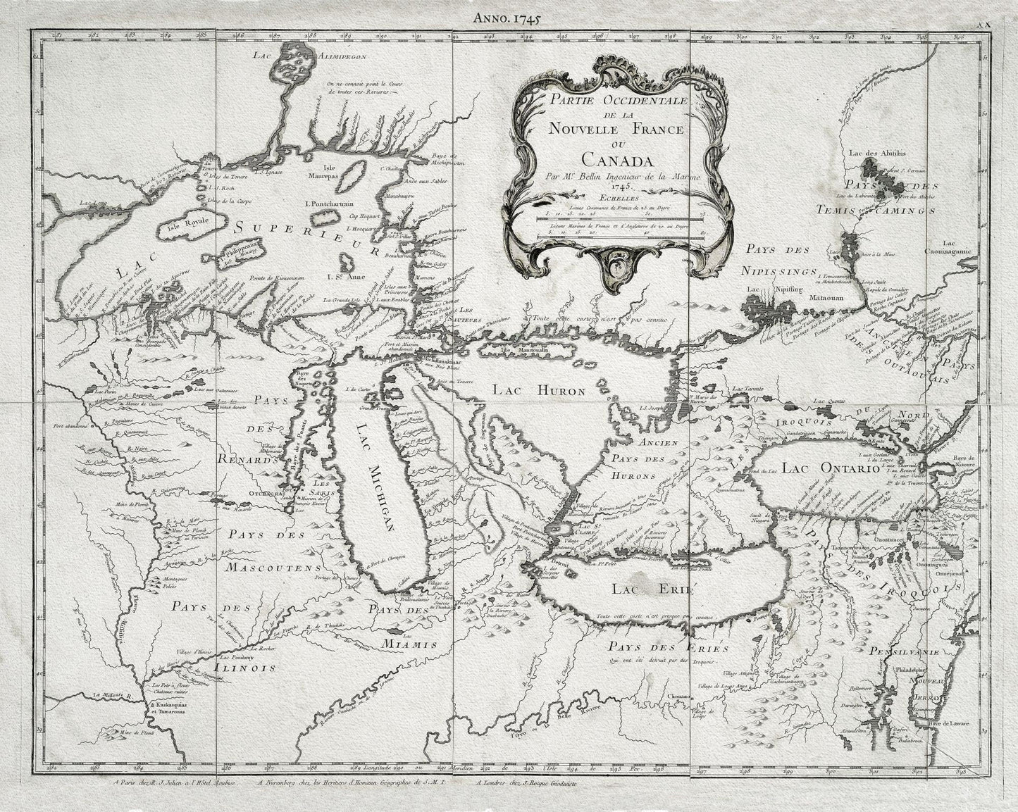 Jacques Nicolas Bellin, Le Canada, 1745, map on heavy cotton canvas, 50x70cm (20 x 25") approx. - The Map Chest