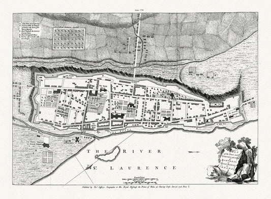 Jefferys, Town and Fortifications of Montreal or Ville Marie in Canada, 1758, map on heavy cotton canvas, 20x27" approx. - The Map Chest