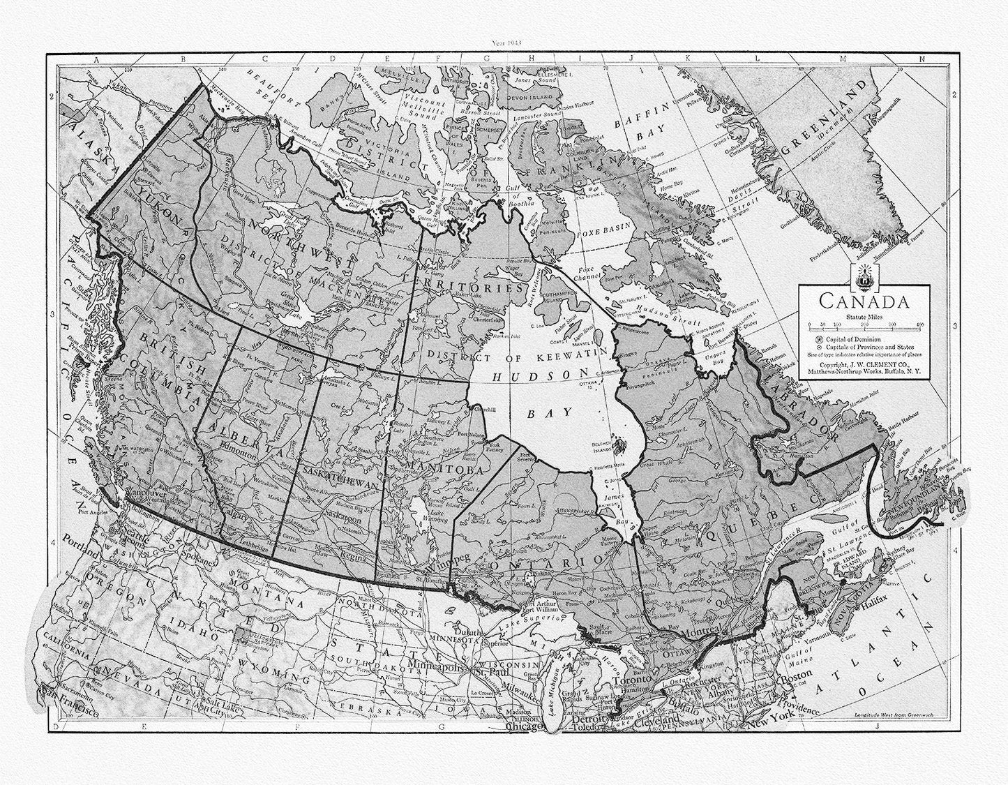 J.W. Clement Co., Canada, 1943 Ver. BW, map on heavy cotton canvas, 22x27" approx. - The Map Chest