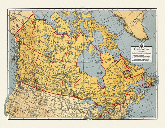 J.W. Clement Co., Canada, 1943 Ver. I, map on heavy cotton canvas, 22x27" approx. - The Map Chest