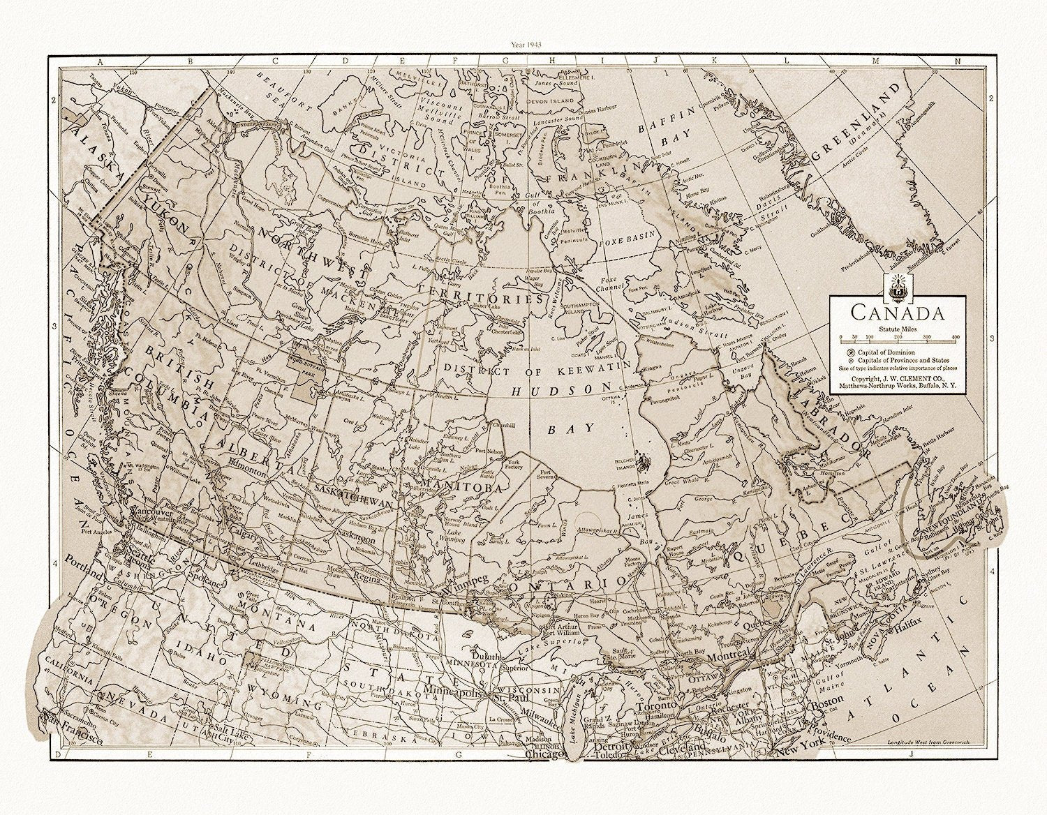 J.W. Clement Co., Canada, 1943 Ver. S, map on heavy cotton canvas, 20 x 25" approx. - The Map Chest