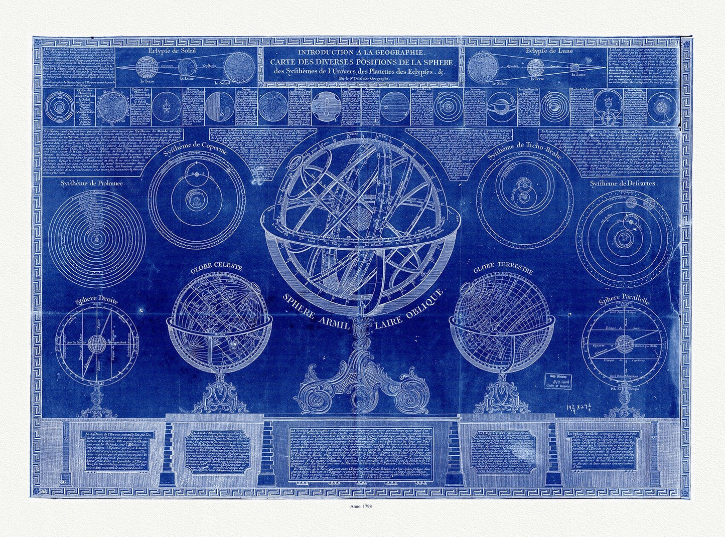 la geographie carte des diverses positions de la sphere, des systhemes de Univers, des planettes, des eclypses, cyanotype, 1798, 22x27 - The Map Chest