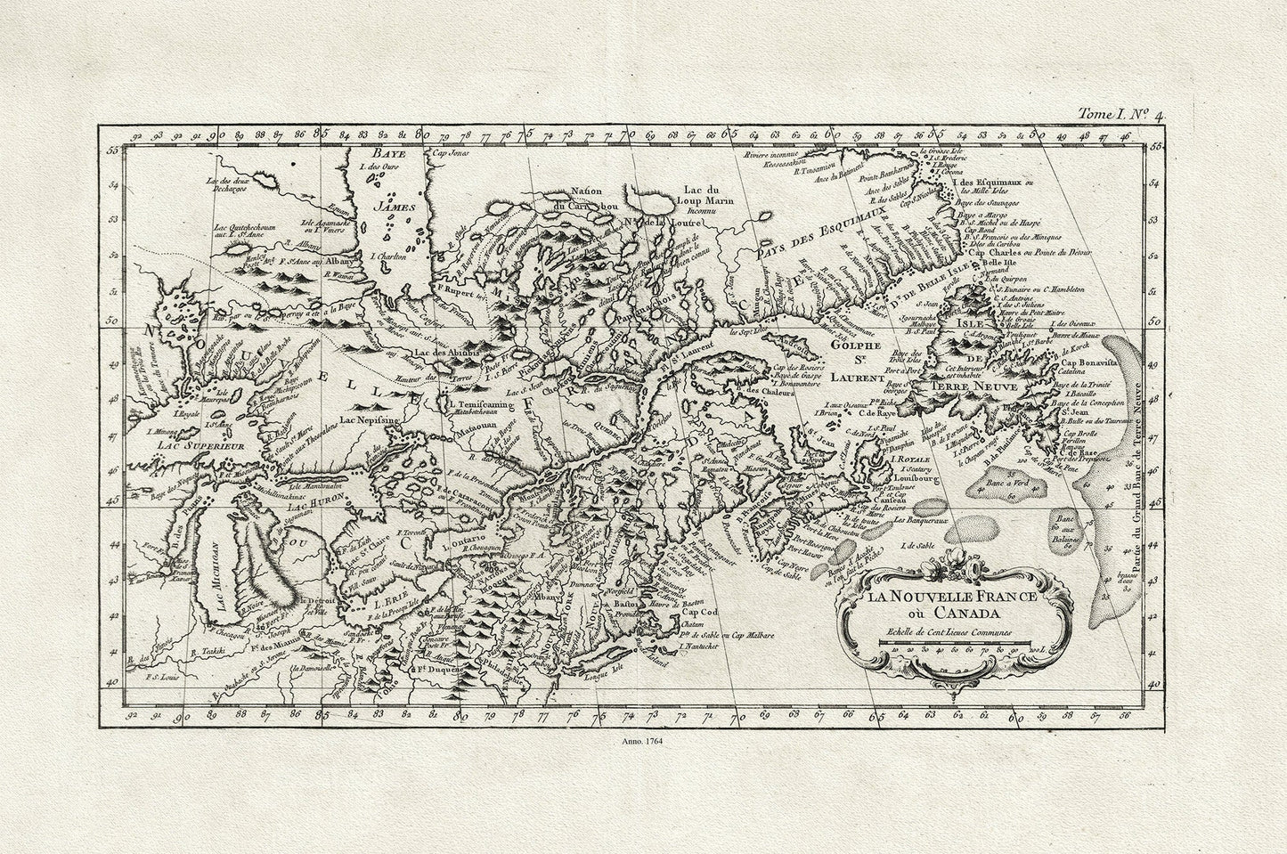 La Nouvelle France où Canada, ,Bellin, 1764 Ver. II, vintage map reprinted on durable cotton canvas, 50 x 70 cm, 20 x 25" approx. - The Map Chest